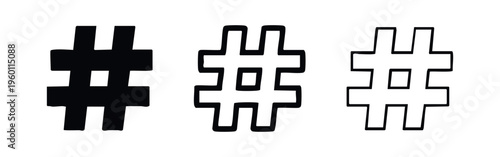 Hand-drawn hashtag symbol icons in different weights, black and white vector