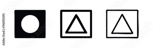 Basic Geometric Shapes Icon Set: Circle and Triangle in Square Frames, Hand-Drawn Style