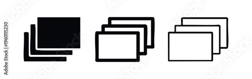 Stacked documents or layers icon set in different styles: solid, thick outline, and thin outline versions