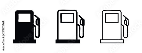 Petrol station gas pump icon set for refueling vehicles in solid, thick outline, and thin outline styles