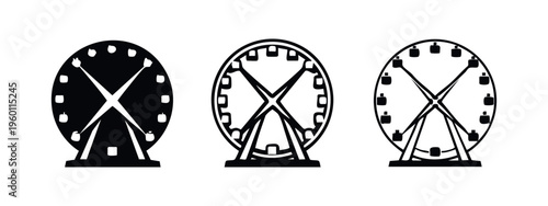 Ferris wheel amusement park ride icon set in different styles: solid, thick outline, and thin outline versions