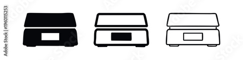 Flatbed scanner or copier machine icon set in various styles: solid, thick outline, and thin outline versions