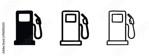 Gas pump or fuel dispenser icon set for petrol station in solid, thick outline, and thin outline styles