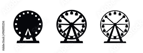 Amusement park Ferris wheel icon set for funfair attractions in solid, thick outline, and thin outline styles