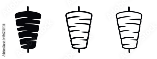 Doner Kebab Meat Skewer Icon Set. Shawarma and Gyro Food Symbol in Solid and Outline Styles.