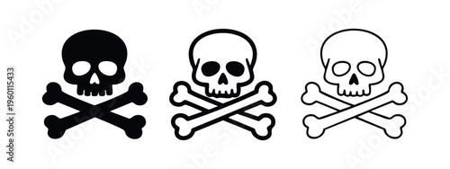 Skull and Crossbones Icon Set. Danger, Poison, and Warning Symbol in Solid and Outline Styles.