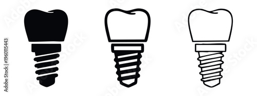 Dental Implant Icon Set. Tooth Replacement and Oral Surgery Symbol in Solid and Outline Styles.