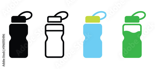 Bottle flask thermos four style vector icon set showing hydration essentials, minimal line art vector collection for travel gear, outdoor activities