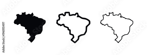 Brazil Map Icon Set: Solid Silhouette, Bold Line, and Thin Line Outline for Geographic Representation