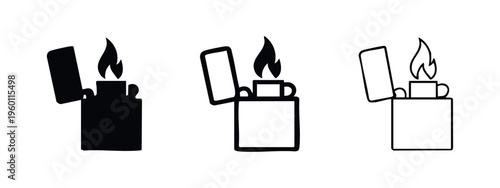 Lighter with Flame Icon Set: Solid, Bold Line, and Thin Line Variations for Fire and Smoking