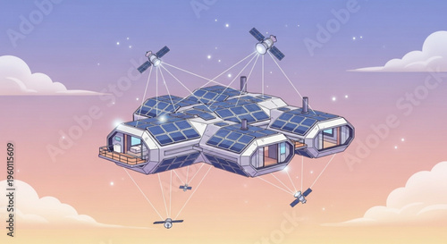 Futuristic solar powered floating houses with satellites and drones in the sky