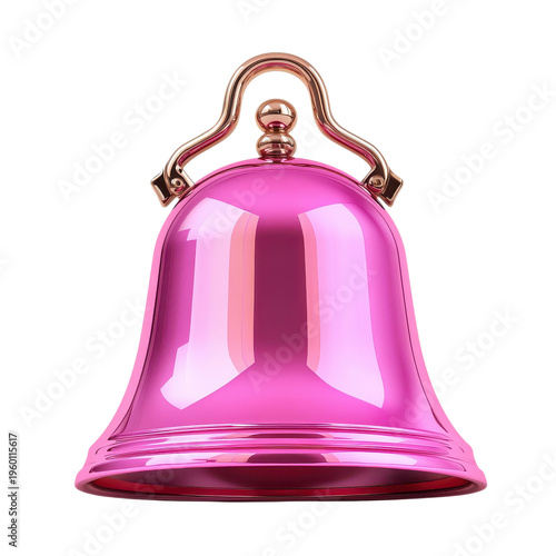 Bright pink bell hanging with a gold handle on a white background in an indoor setting