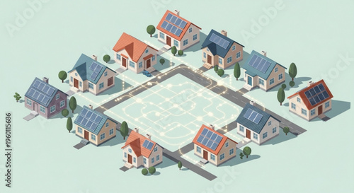 Isometric illustration of a sustainable neighborhood with solar powered homes and green spaces
