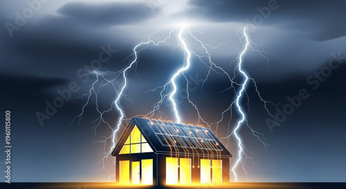 House with solar panels on roof during intense lightning storm with dark clouds and bright electric discharges
