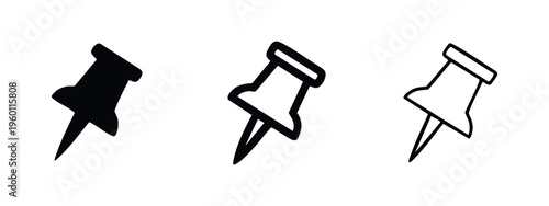 Pushpin and Thumbtack Icons Set. Office and stationery supplies for pinning notes and documents.