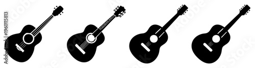 Set of five black electric guitars with glossy finish isolated on white background for music and performance