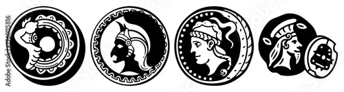 Set of four detailed ancient silver coins with historical engravings and vintage patina isolated on white background