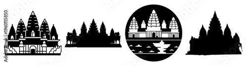 Silhouette of Angkor Wat temple at dusk with reflection in water minimalist black and white vector illustration