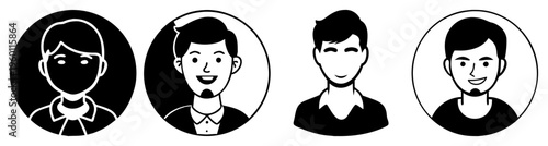 Four diverse flat design avatars in circular frames for user profiles, team icons, or social media placeholders in minimalist black and white style