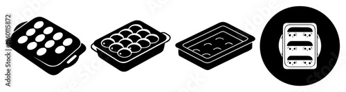 Set of black silicone baking molds and trays isolated on white background for kitchen baking and cooking tools