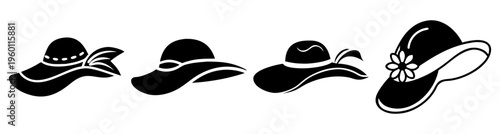 Set of five stylish summer beach hats flat lay on white background minimalist design fashion accessories vacation travel essentials