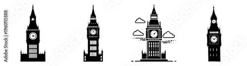 Big Ben clock tower illustration set with London landmarks vector outline minimalist design black and white architecture