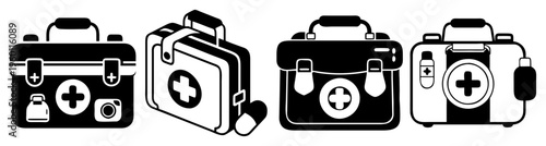 Set of four first aid kits in black and white with medical cross symbols for healthcare and emergency preparedness
