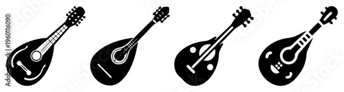 Set of five black electric bass guitars isolated on white background for music, band, and instrument design