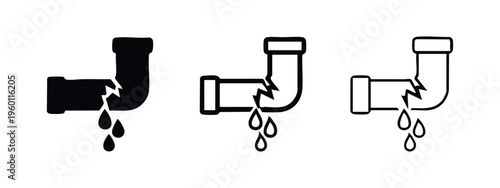 Damaged Pipe Leaking Water Icons Set. Plumbing Problem Symbol in Various Styles.