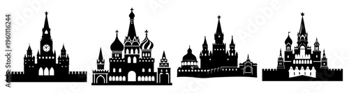 Moscow Kremlin silhouette vector illustration black and white historic Russian architecture landmarks cityscape night skyline