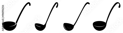 Set of four black cooking ladles isolated on white background kitchen utensils cookware minimalist design flat lay top view culinary tools