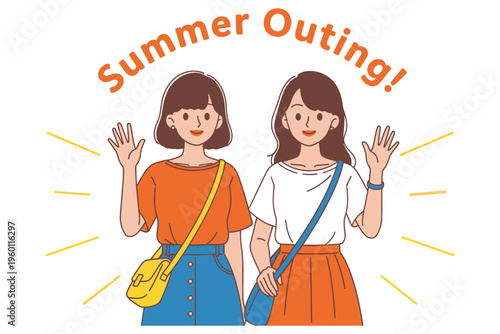 Two women on a summer outing waving with smiles