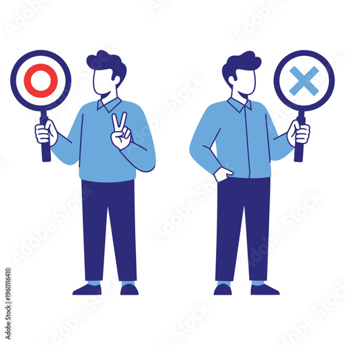 Two men holding magnifying glasses with symbols for approval and rejection