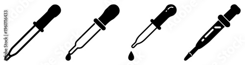 Set of four black and silver laboratory pipettes isolated on white background for science and medical research