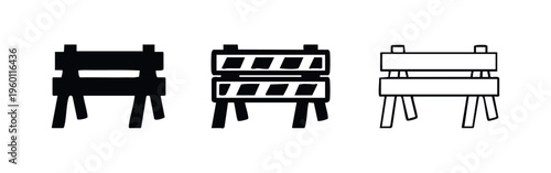 Simple Black Road Barrier Icon Set - Minimalist Construction Obstacle Outline and Silhouette for Warning Signs