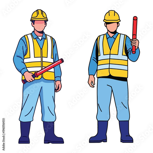 Construction workers in safety gear with reflective vests and hard hats