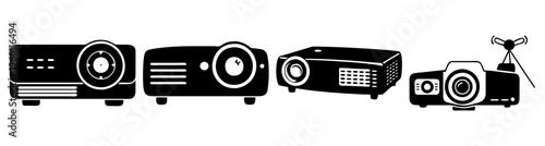 Set of professional black home theater projectors and surveillance cameras isolated on white background for technology and security concept