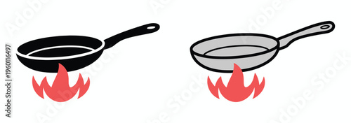 Burning frying pans, a black solid version and a white outline depiction, vector illustration for kitchen safety, cooking hazards, and fire warning design