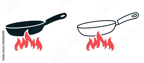 Burning frying pans, a black solid version and a white outline depiction, minimal line art vector collection for heat warning symbols