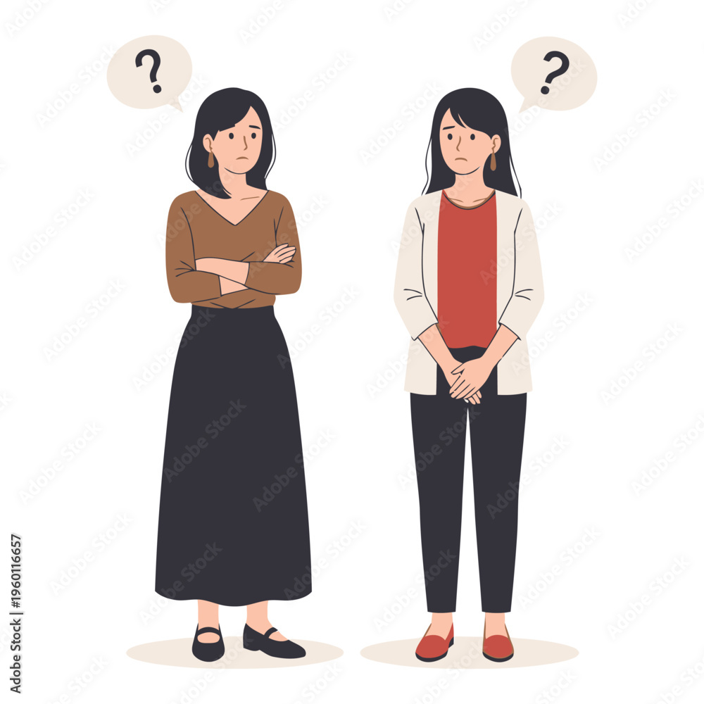Obraz premium Two women with questioning expressions and puzzled thoughts