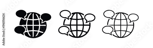 Global Communication Icons - World Globe with Speech Bubbles for International Chat