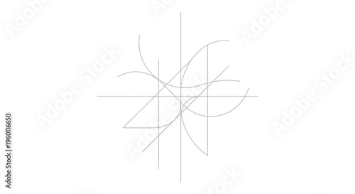 Abstract geometric grid with intersecting lines and curved elements on an isolated white background.