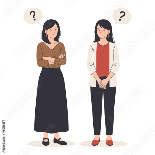 Two women with questioning expressions and puzzled thoughts