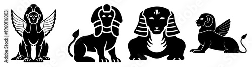 Black and white mythical creatures set including sphinx, griffin, phoenix, and dragon vector illustration isolated on white background