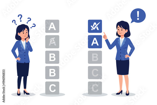 Businesswoman choosing correct answer with blocks