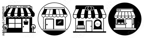 Vector illustration of three stylish storefronts with striped awnings and modern design for retail business and commercial use