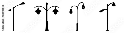 Row of vintage black street lamps with hanging lanterns on empty urban street at dusk minimalist design