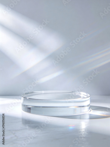 Transparent glass podium platform with a smooth surface, illuminated by soft light creating reflections and shadows on a light background