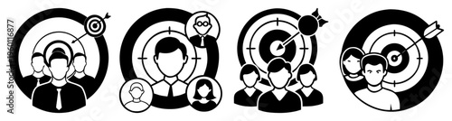 Business target audience icons set with diverse people profiles in circular aim crosshairs for marketing strategy and customer focus