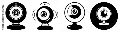 Set of four modern black webcams isolated on white background for video conferencing, streaming, and online communication